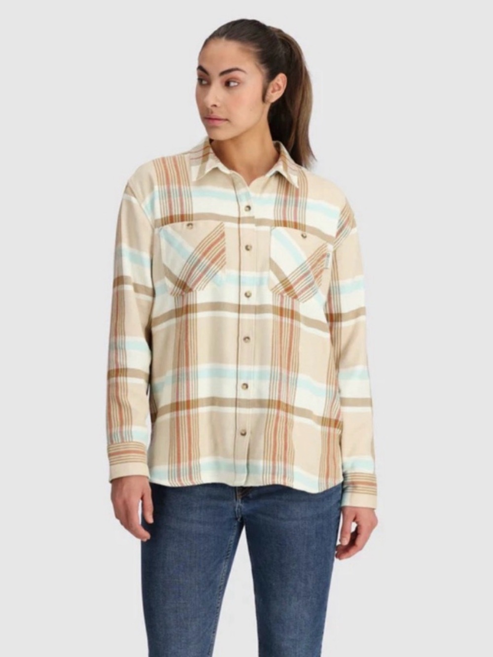 Outdoor Research Women's Feedback Flannel Twill Shirt - Bone Plaid sz Small